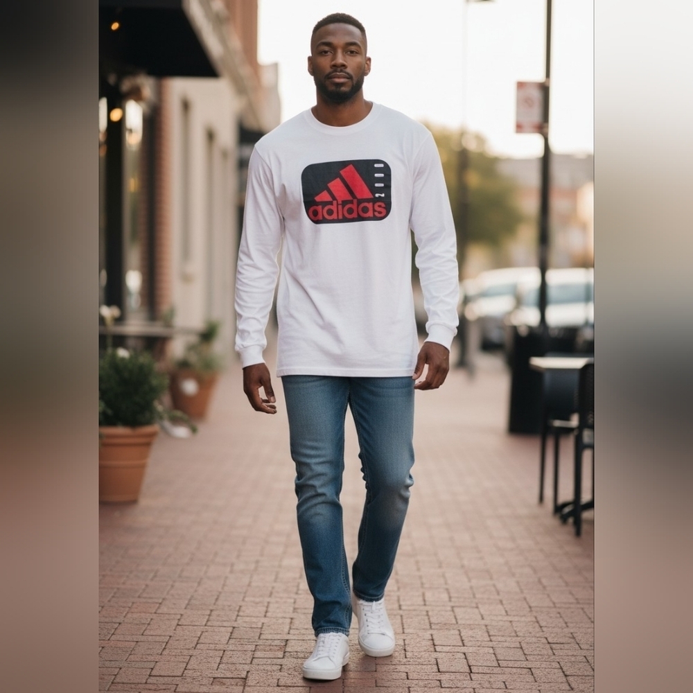 Adidas Men's White and Red Long Sleeve Tee
